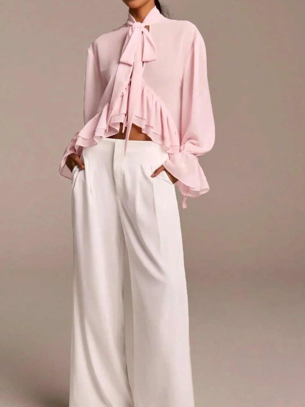 Baby Pink Bohemian Women's Elegant Ruffled Long Sleeve Blouse - Picture 3 of 6